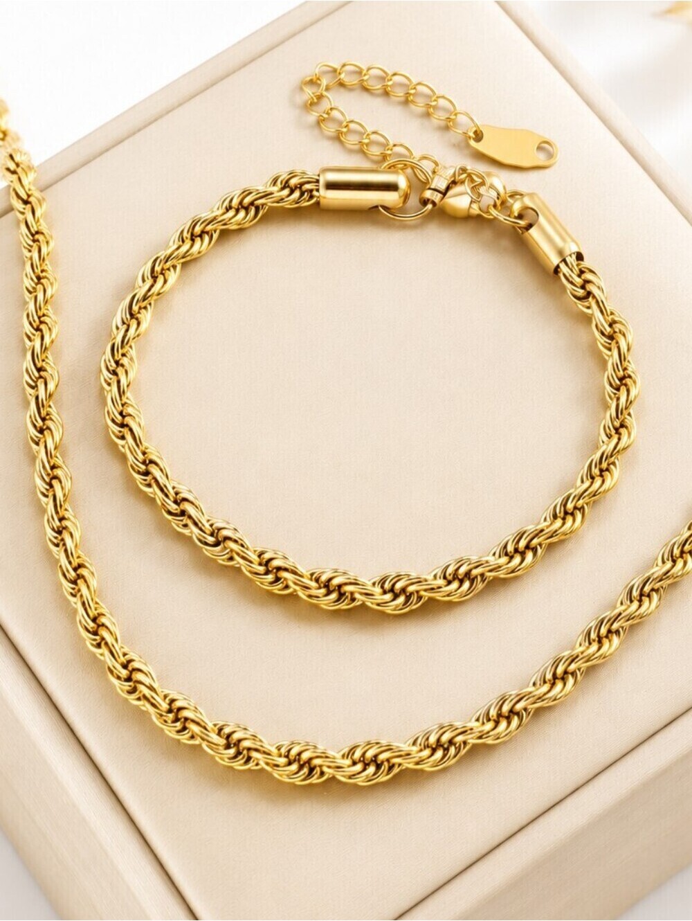 Stainless Steel Gold Rope Chain Necklace Bracelet Set Womens Jewelry Gift New - Picture 4 of 5